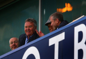 LONDON, ENGLAND - DECEMBER 19: Chelsea interim manager Guus Hiddink (L), Didier Drogba (C) of Montreal Impact and Chelsea owner Roman Abramovich (R) are seen on the stand prior to the Barclays Premier League match between Chelsea and Sunderland at Stamford Bridge on December 19, 2015 in London, England. (Photo by Clive Mason/Getty Images)